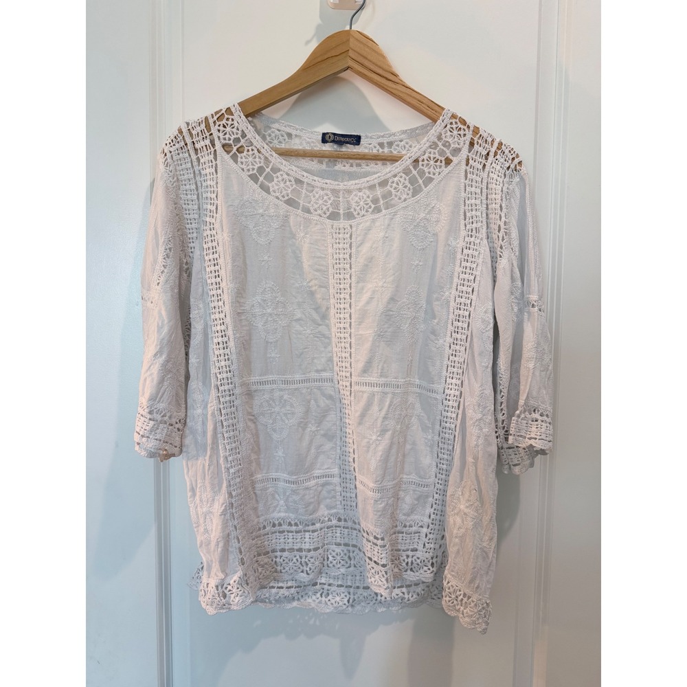 Democracy White Cotton Crochet Lace Embroidered Boho Blouse Top Small
